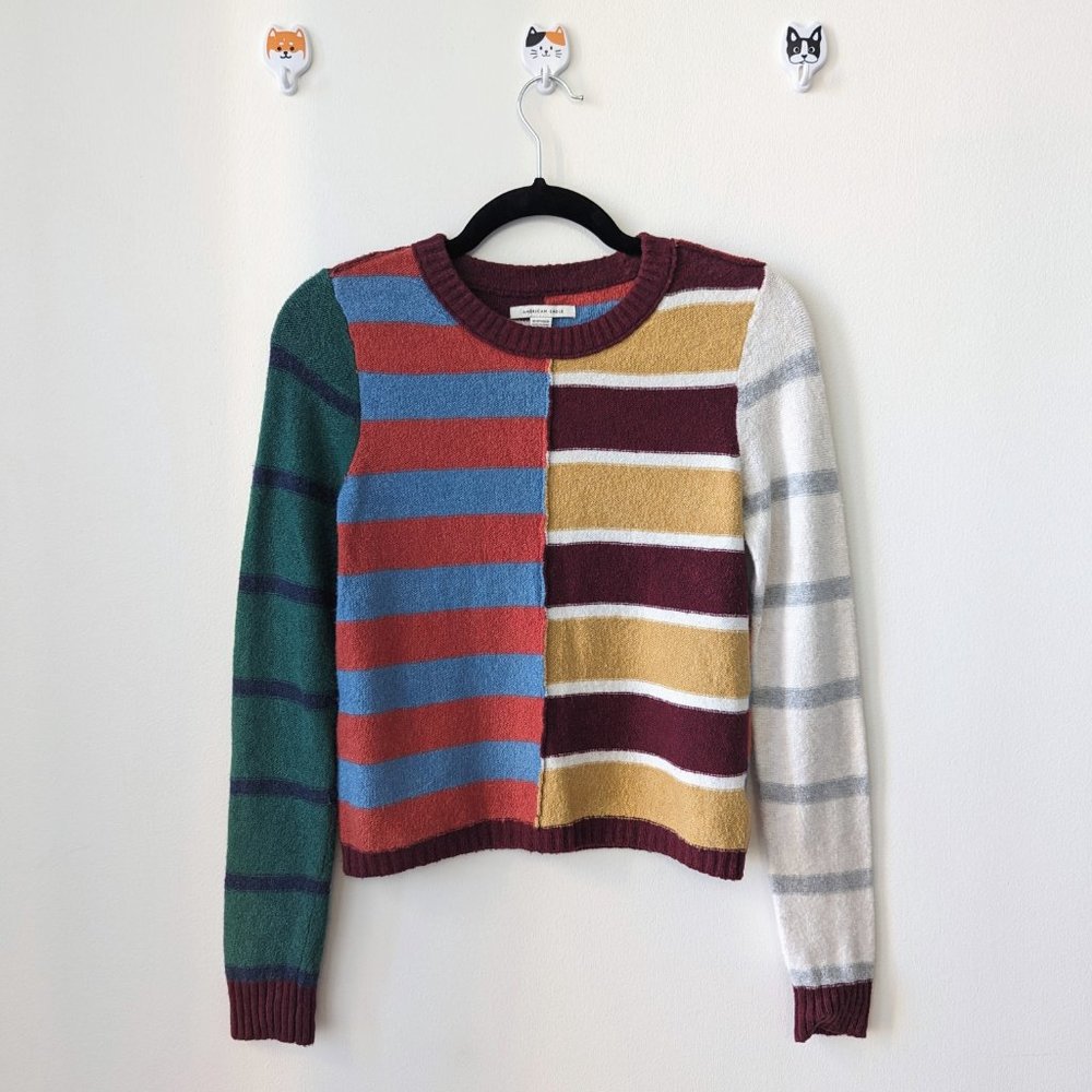 XS AE Striped Color Block Crewneck Sweater